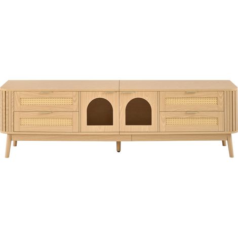 TV-Lowboard 180 cm mit 4 Schubladen, 2 Glastüren und App-gesteuerter LED, Natur (1/5)