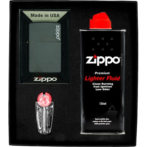 ZIPPO Feuerzeug SCHWARZ MATT LOGO Geschenkset Nr. 1