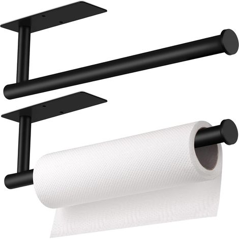 Porte-essuie-tout en acier inoxydable, porte-papier toilette, sans perçage, convient pour la cuisine et la salle de bain – 2 pièces, noir