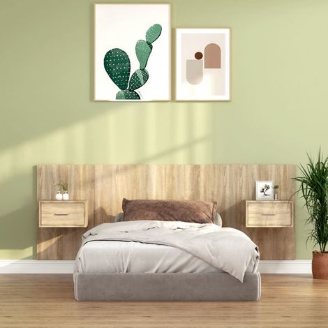Maisonchic – Tête de lit avec armoires et tables de chevet – Chêne sonoma – Bois d'ingénierie – Dimensions tête de lit 120x80cm – Dimensions chevet 48,5x32,5x80cm - LKC50615 (1/5)