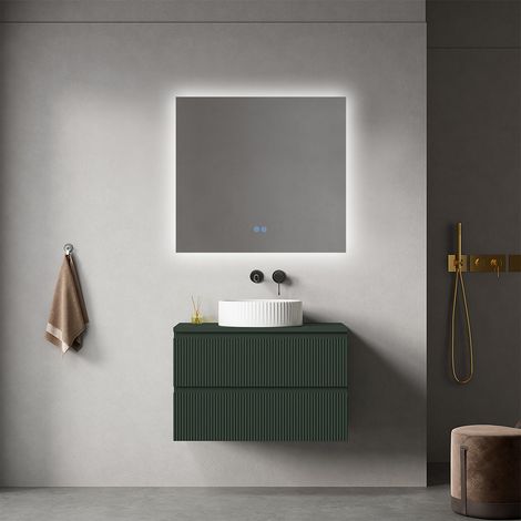 Mobile bagno sospeso cannettato 80 cm Verde Comodoro per Lavabo d'appoggio Specchio Quadro Retroilluminato - Fiji Paint Top Canneté (1/4)