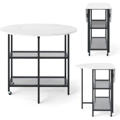 100x100 cm Table à Manger Ronde Pliante pour Repas et Cuisine avec Rangement et Roulettes Aspect Marbre (1/5)
