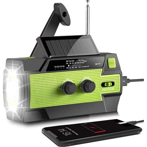 Radio à manivelle solaire, radio de survie portable 4000 mAh AM/FM météo avec chargeur de téléphone, lampe de poche, lampe de lecture et alerte SOS pour urgence intérieure et extérieure (1/3)