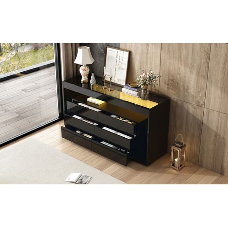 Armoire avec 6 grands tiroirs. Armoire en verre durci, de haute finition LED. Design à double épaisseur, offrant une grande capacité de rangement. Conçue pour être utilisée dans les salons,