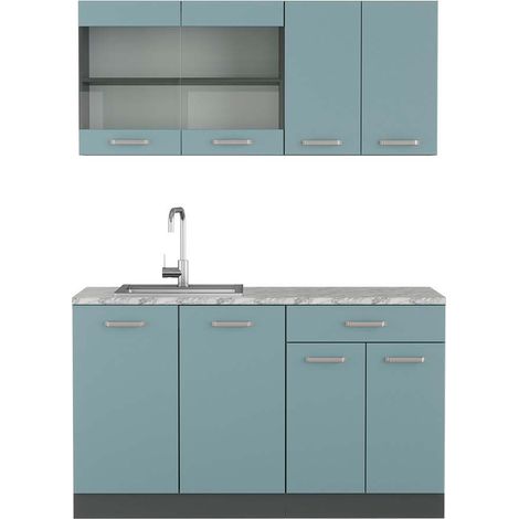 Cucina monoblocco R-Line, Blu-grigio/antracite, 140 cm , PL Marmo, Vicco