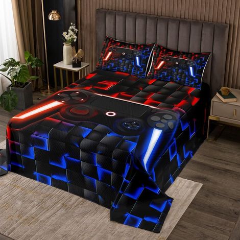 Jeux pour Enfants Dessus de Lit Garçons 170x230 Géométrie Console de Jeux Couverture de Lit Néon Rouge Indigo Bleu Console de Jeux Couvre-Lit 3D Ombre Plaid Poignée de Jeu Jetés de Lit Salle de Jeux - (1/5)