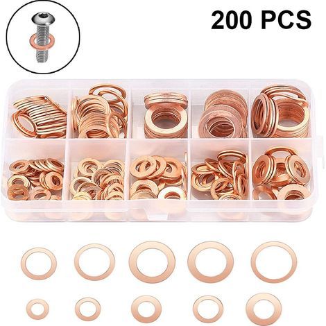 Kupferdichtringe Cuivre Disque plat de Rondelles plates Bague d'étanchéité Gamme Kit avec Box convient pour les Vis de Fixations (1/5)