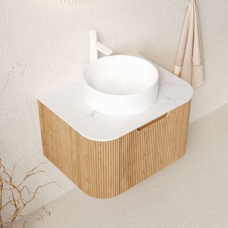 Meuble vasque suspendu 61 cm avec vasque céramique, plan blanc et finition bois naturel (1/5)