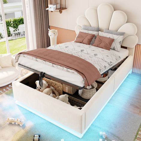 Modernluxe - Lit coffre capitonné 90x200cm - avec lumière LED - Cadre en métal - Tissu velours - Beige (sans matelas) (1/5)