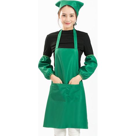 Tablier de cuisine uni, double poche, bretelles, en polyester doux, vert gazon, idéal pour la maison. (1/5)
