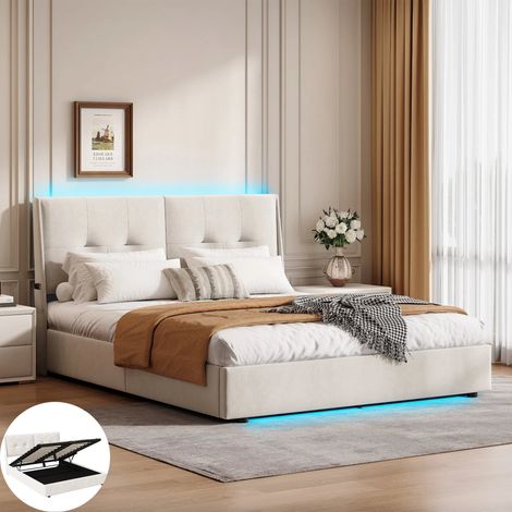 Lit coffre 160 x 200 cm avec LED et USB, chambre complete adulte, Lit capitonné avec Sommier à lattes, lit deux place Velours Beige (1/5)