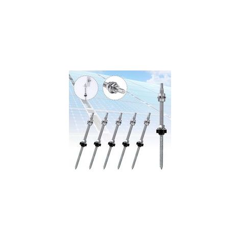 Lot de 6 Vis de Fixation Panneau Solaire, M10 x 200 Mm Vis d'Assemblage Double Filetage, Boulon de Réglables En Hauteur, Ferrure d'Assemblage pour Le Raccordement de Panneau Photovoltaique