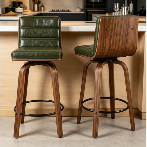 Drehbarer Barhocker aus PU, ergonomische Rückenlehne, geschwungene Holzbeine, grün HAVRYA (1/5)