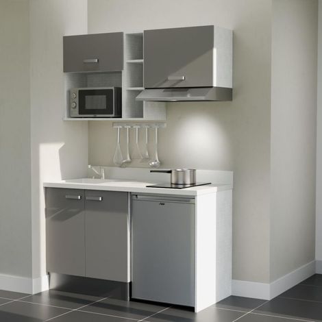 Kitchenette K13L - 140 cm - plan monobloc évier intégré Snova- évier à gauche - Façades Gris + Electroménager inclus coloris Inox