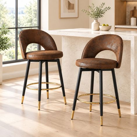 Lot de 2 tabourets de bar pivotants à 360° en tissu marron, pieds métal noir, repose-pieds doré et dossier ajouré ergonomique pour cuisine FLORAGRACE (1/5)