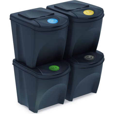 Lot de 4 poubelles de recyclage - tri en plastique anthracite - 25L