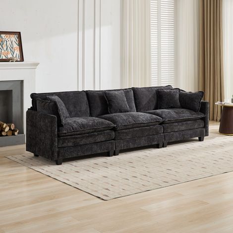 Canapé, en tissu et chenille, 3 places, avec coussin, noir, pour chambre, coussin double couche, tissu chenille respirant, idéal pour salon