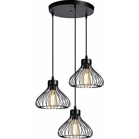 3-Light Industrial Pendant Light Fixture, Vintage Cage-Shaped Metal Ceiling Lamp for Kitchen, Dining Room, Living Room, Bedroom, Hallway, Restaurant - 23cm, Black with (1/5)