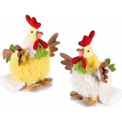 Poules décoratives en tissu et plumes avec pattes pendantes, lot de 2, 22 x 20 x H. 23,5 cm