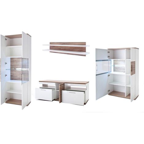 Ensemble de séjour de 4 éléments coloris blanc brillant et chêne -PEGANE-