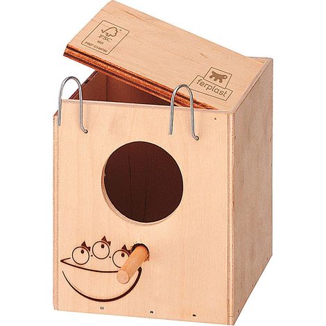 Ferplast – Nid d'oiseau en bois FSC pour oiseaux – Dimensions 11,5 x 12,5 x h 12 cm – Toit ouvrant pour nettoyage facile – Crochets métalliques inclus