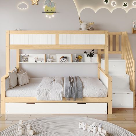 Lit superposé pour enfants 90x200+120200 cm, avec barrières, lit gigogne, armoire, pin + MDF, blanc + couleur naturelle (1/5)