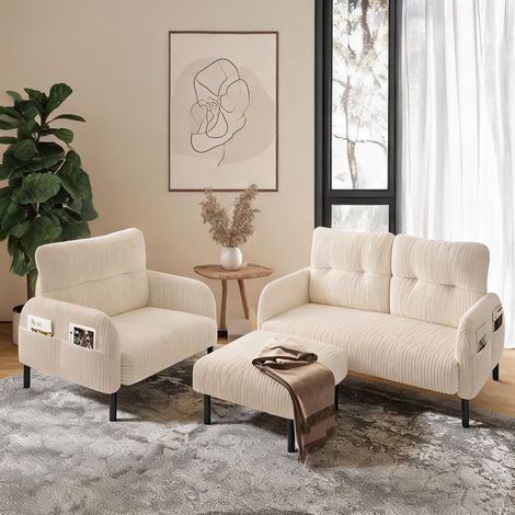 Ensemble canapé 2 places avec fauteuil et pouf en velours côtelé (1/5)