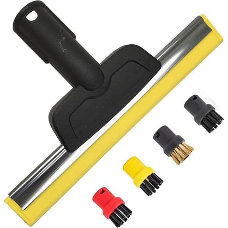 Raclette vitre jaune + 4 brosses rondes à poils noirs, accessoire pour nettoyeur vapeur Kärcher SC1 SC2 SC3 SC4 SC5 (1/3)