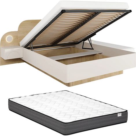 Lit coffre 160 x 200 cm - Avec chevets et LEDs - Coloris : Beige et Naturel + Matelas - DARTAGNO (1/5)