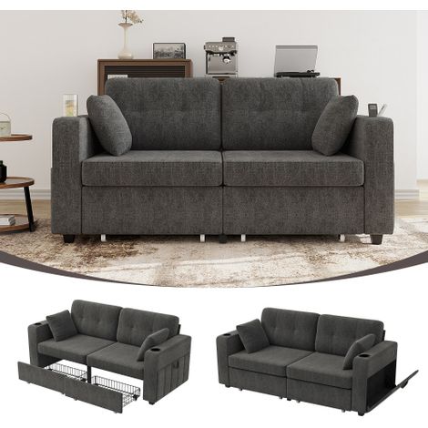 Zweisitziges Sofa mit zwei Stauraumschubladen und USB-Ladeanschlüssen, mit Getränkehaltern und Seitentaschen, ausgestattet mit versteckten Staufächern. Geeignet für Wohnzimmer, Wohnungen und Leseecken