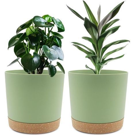 Set of 2 Plant Pots 20.3cm, Indoor Plant Pots with Drainage Holes and Removable Base, Modern Decorative Saucer for Outdoor Planters (Green 20.3cm) (1/4)