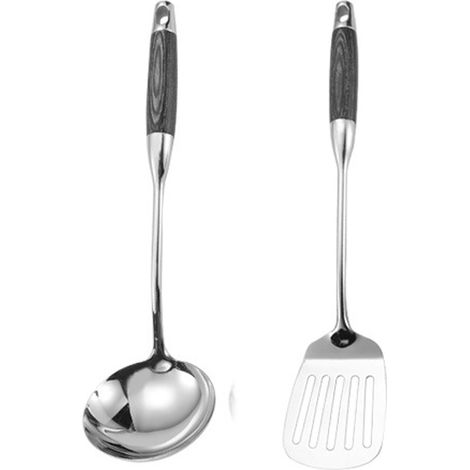 Cuillère À Sauce - Fourchette À Servir - En Acier Inoxydable 304 - Finition Miroir - Poignée En Bois D'ébène Naturel - Pour Cuisine Professionnelle Et Domestique - 2 Pièces (1/5)