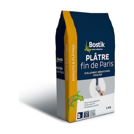 Bostik – Enduit de rebouchage plâtre fin 5kg – Prise rapide 10 min – Grain très fin pour finition lisse – Compatible tous supports bruts (1/5)