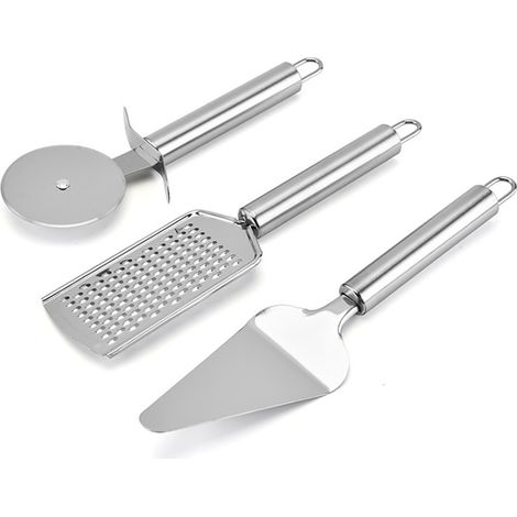 Set aus 3 Pizza-Utensilien aus Edelstahl: Pizzaschneider, Pizzaschieber und Käsereibe für Pizzen und Tartes (1/5)