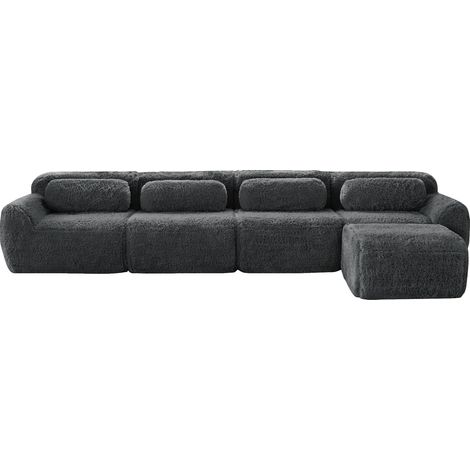 Modulares Ecksofa 4-Sitzer in grauem Plüschoptik-Stoff, ohne Montage, MODENUIT (1/5)