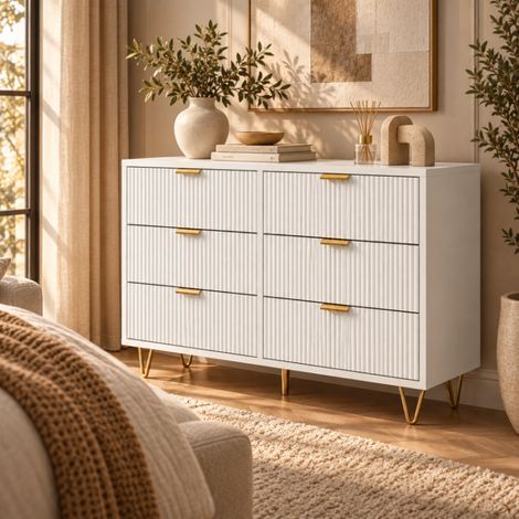 Buffet 6 tirtors, Commode Chambre 100 x 34 x 73, Meuble bas, Armoire Tiroirs, Tour de Rangement, pour Salon, Chambre, Salle à Manger, Blanc (1/5)