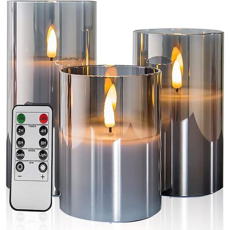 Set mit 3 flammenlosen Flackerkerzen aus grauem Glas mit Fernbedienung, beweglichem Docht, batteriebetrieben, realistisches warmes Licht (1/5)