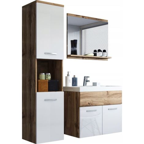 Conjunto de muebles de baño MONTREAL, juego de muebles de baño, baño pequeño, lavabo incluido, color wotan/blanco brillo (1/5)