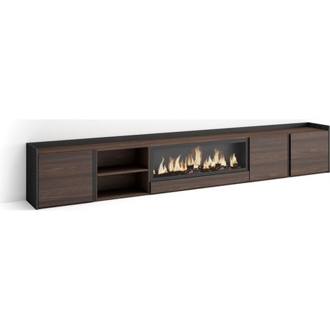 Skraut Home - Mobile TV Soggiorno, Ampio spazio a disposizione, 315x35x50cm, Per TV fino a 80", Camino elettrico XXL, Stile moderno, Rovere scuro e Nero (1/5)