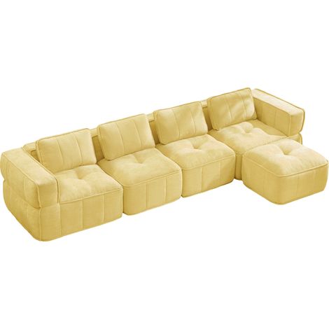 Canapé d'angle modulable 4 places en tissu polyester jaune, sans cadre, avec ottoman, assise profonde et confort moelleux, idéal pour salon et petits espaces – CHICFURN (1/5)
