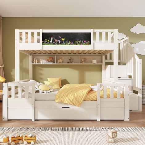 Lit Superposé Enfant 90x200 cm+140x200 cm, Lit Mezzanine avce escalier de rangement- Tiroirs et Tableau Noir - Bois Massif Blanc pour Ados
