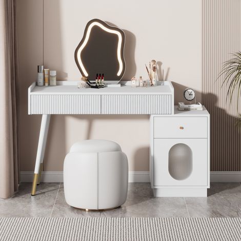 Coiffeuse blanche moderne avec miroir LED éclairé,3 tiroirs et une porte. Dimensions W100/H75/D40 cm idéale pour l’aménagement de chambre.
