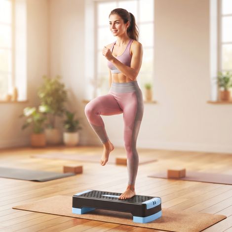 Stepper fitness réglable en hauteur, aérobic avec 2 niveaux (11/16 cm), 2 élastiques de résistance, tapis antidérapant bleu (1/5)