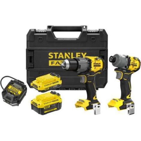 Stanley - Juego inalámbrico de 18 V con taladro percutor y atornillador de impacto, 1 batería 2,0 Ah Li-Ion, 1 batería 4,0 Ah Li-Ion, cargador SFMCK211MDT-QW