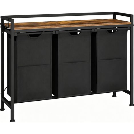 Cesta para ropa compacta con 3 cestos extraíbles, estantería de baño de metal y madera (1/5)