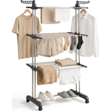 Étendoir à Linge Intérieur Pliable, Séchoir à Linge Vertical 4 Niveaux avec Ailes, 35 kg, Acier Inoxydable, avec roulettes, Gain de Place (Gris) (1/5)