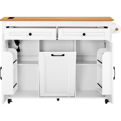 Îlot de cuisine sur roulettes blanc en MDF, plan de travail extensible de 40 à 75 cm, rangements, prises, USB et USB-C (1/5)