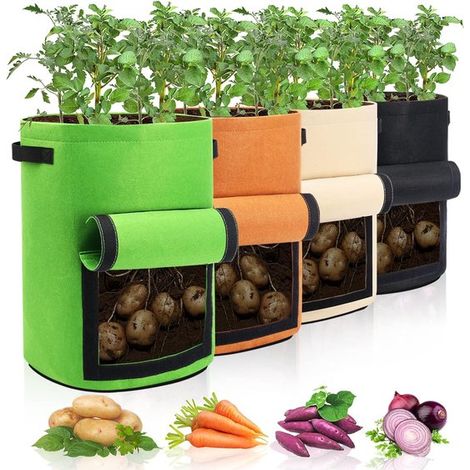 Filiyano-Sacs de culture en feutre - Plateaux de plantation - Pots de 10 gallons (35 x 35 x 40 cm) - Lot de 4 - Avec poignée et fenêtre de récolte (1/5)