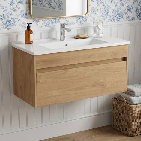 Vitra S50+ Wall Hung 1-Drawer Vanity Unit with Basin 1000mm Wide - Golden Oak (1/2)