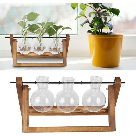 Support en bois transparent créatif pour plantes hydroponiques, vase de bureau, contenant frais et simple, décoration moderne pour salon, support rétro + trois bouteilles (1/5)